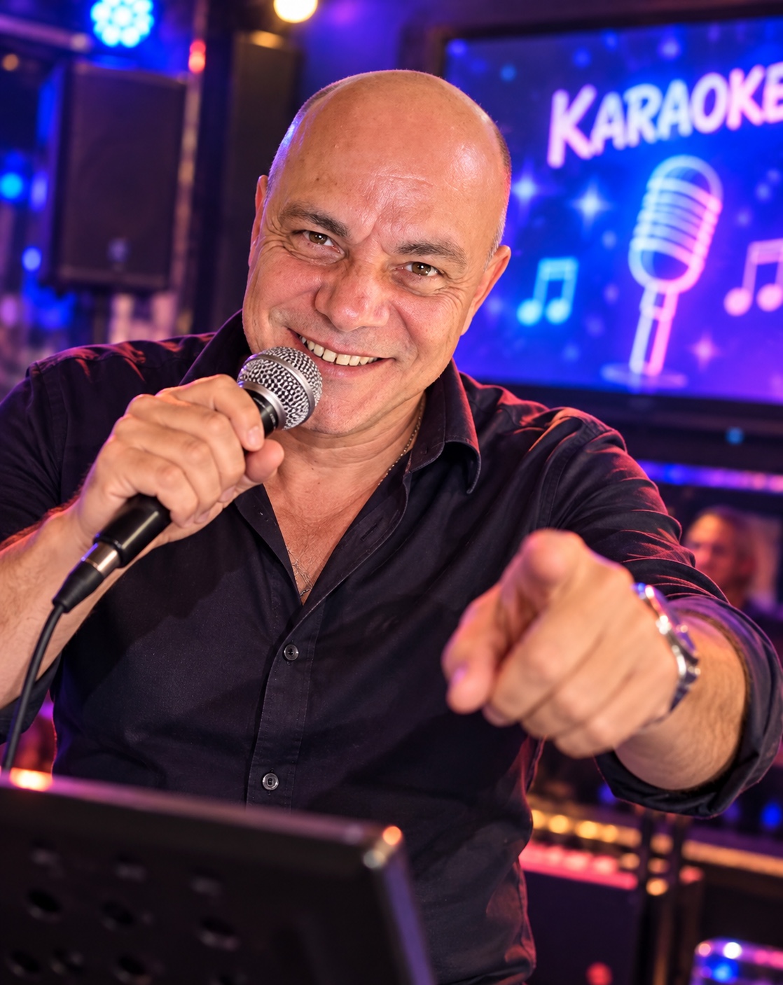 Fernando Albanese sorride con il microfono in mano durante una serata karaoke, tra luci blu e viola.